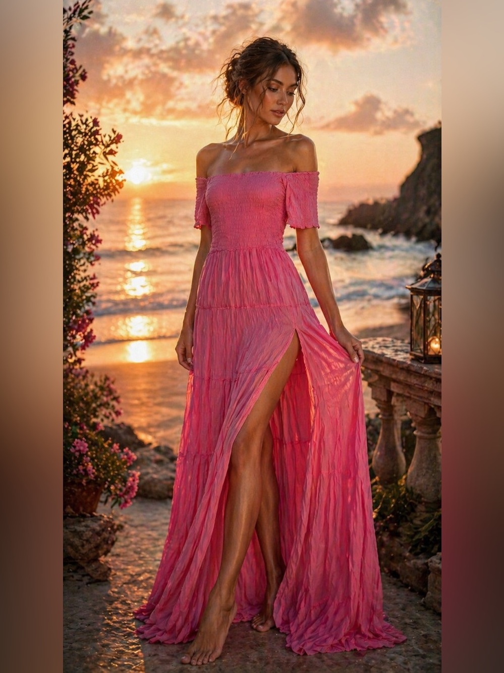 NWT Italian Flowy Pink Off-Shoulder Maxi Dress with Shirred Bodice & Side Slit